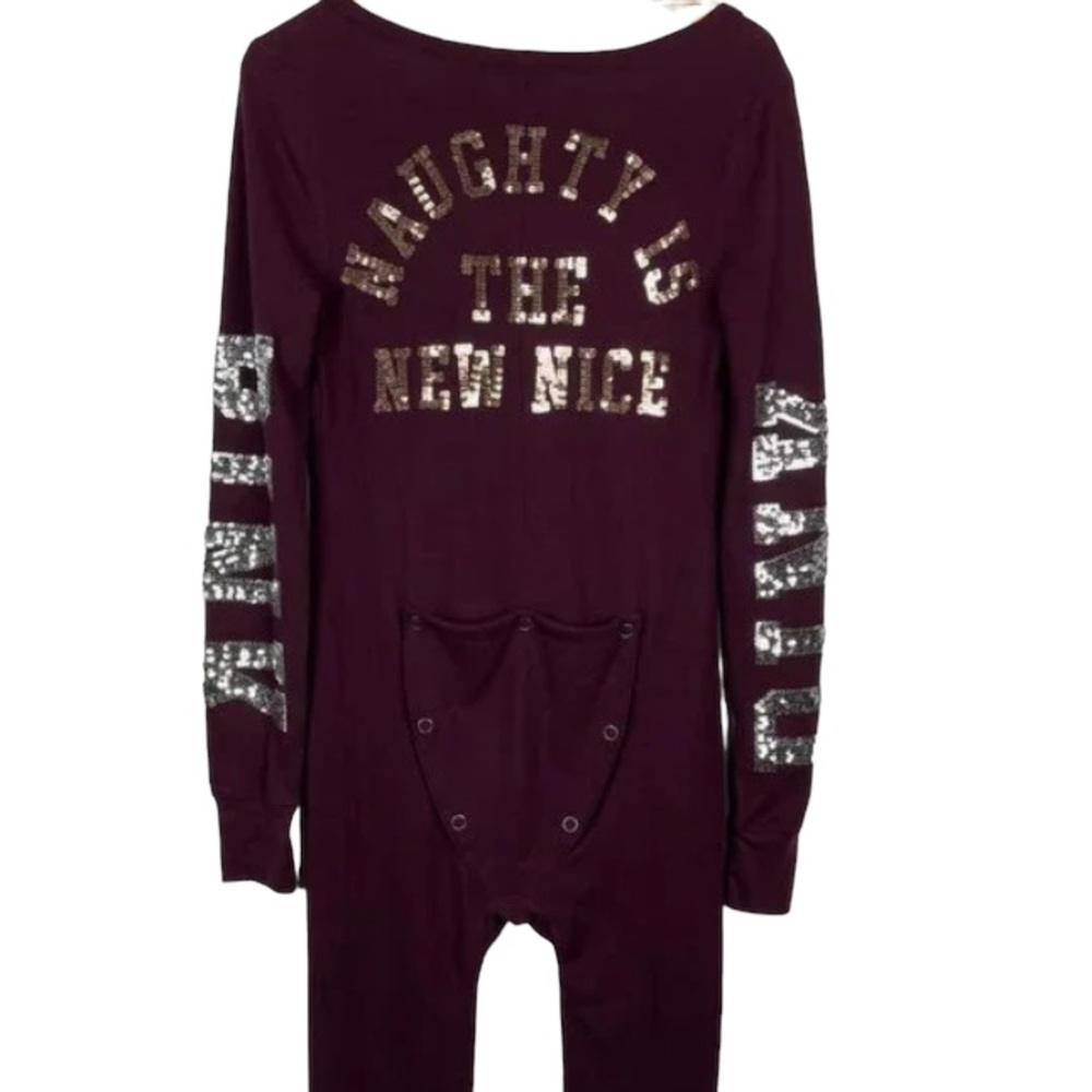 Victoria’s Secret PINK Naughty New Nice Burgundy Sequin Thermal Onesie L - Picture 12 of 13